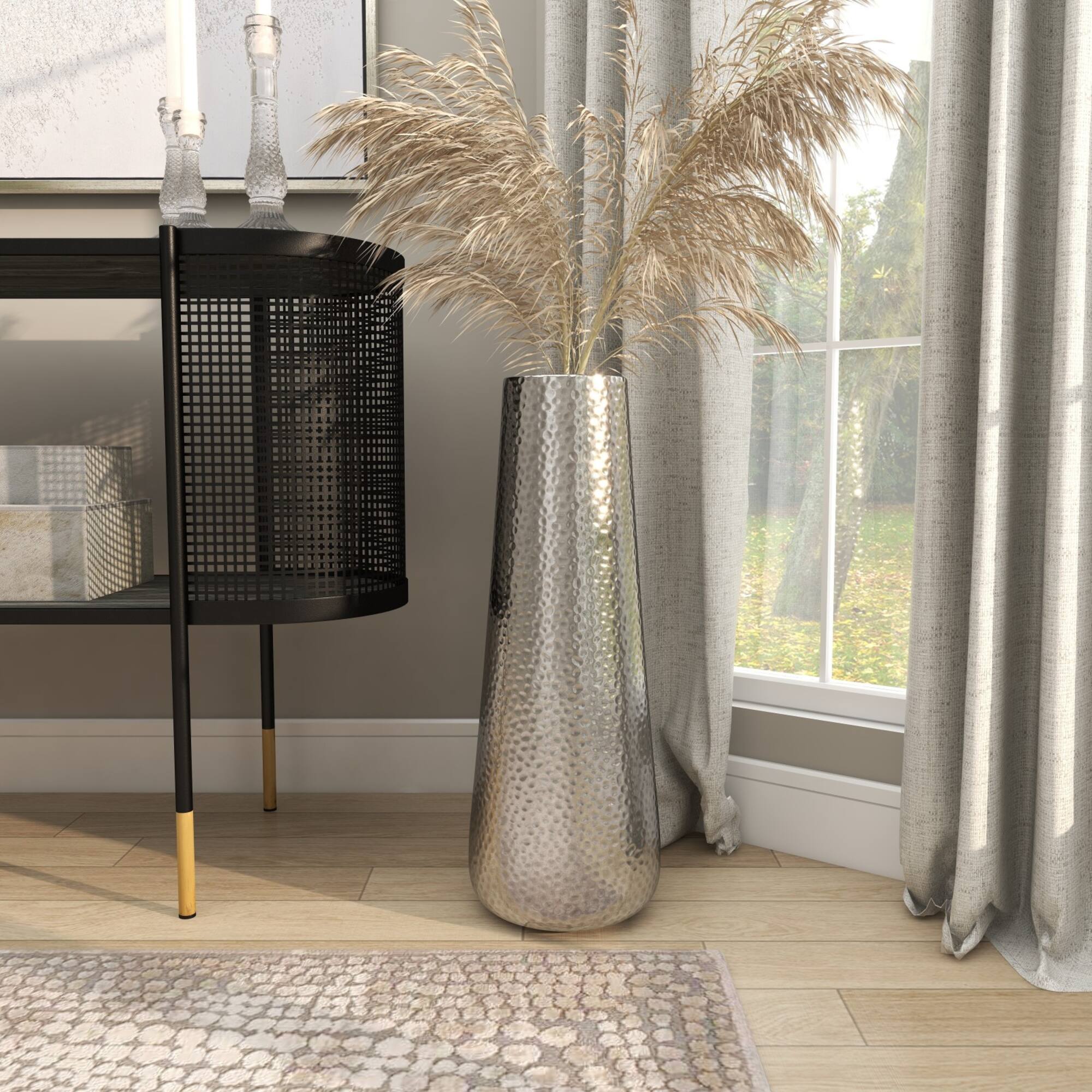 25" Silver Aluminum Tall Hammered Vase